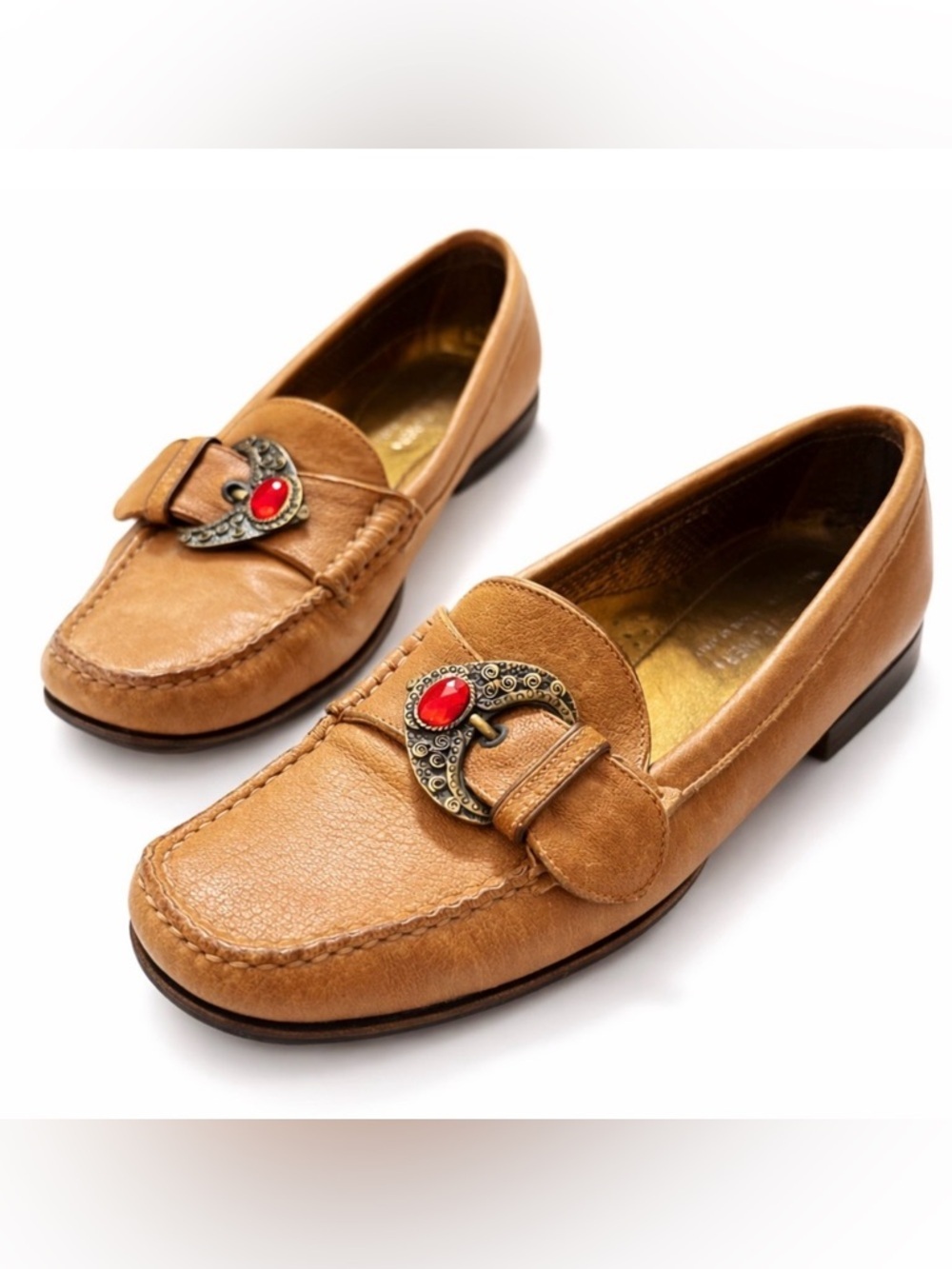 Donald J Pliner Cognac Leather Loafers Red Gem Buckle Square Toe Size 9